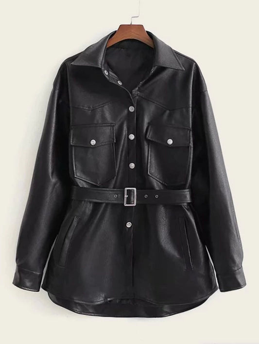Button Front Flap Pocket Belted PU Coat Periwinkley Shop