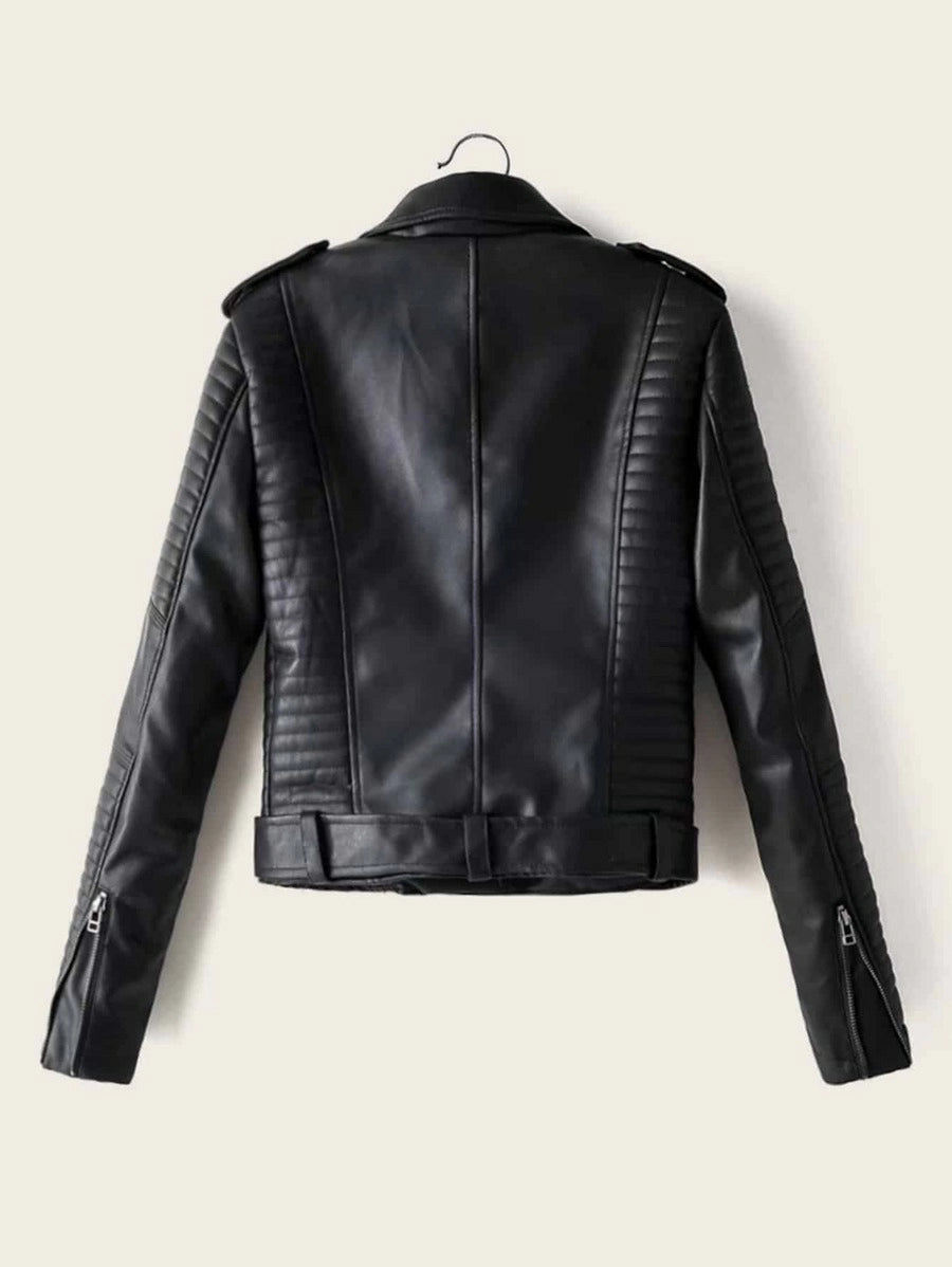 Lapel Neck Zip Up PU Biker Jacket Periwinkley Shop