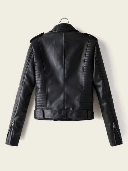 Lapel Neck Zip Up PU Biker Jacket Periwinkley Shop