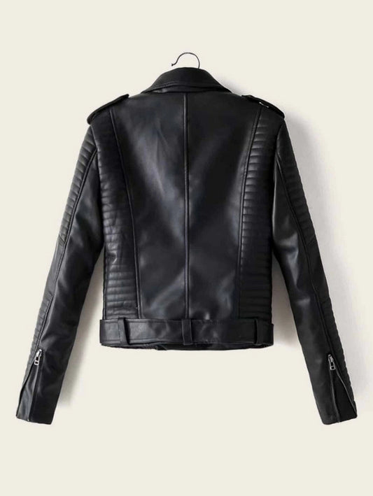 Lapel Neck Zip Up PU Biker Jacket Periwinkley Shop