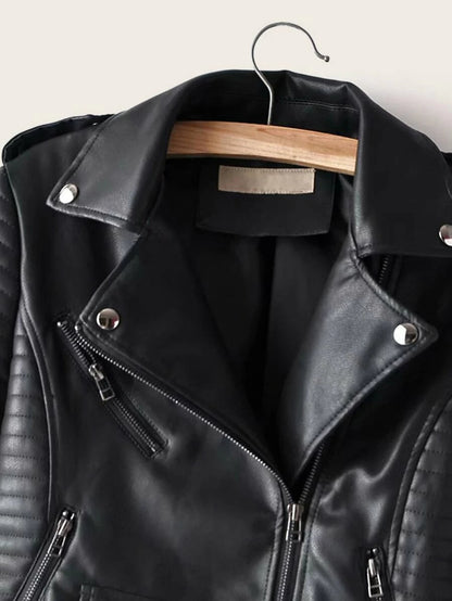 Lapel Neck Zip Up PU Biker Jacket Periwinkley Shop
