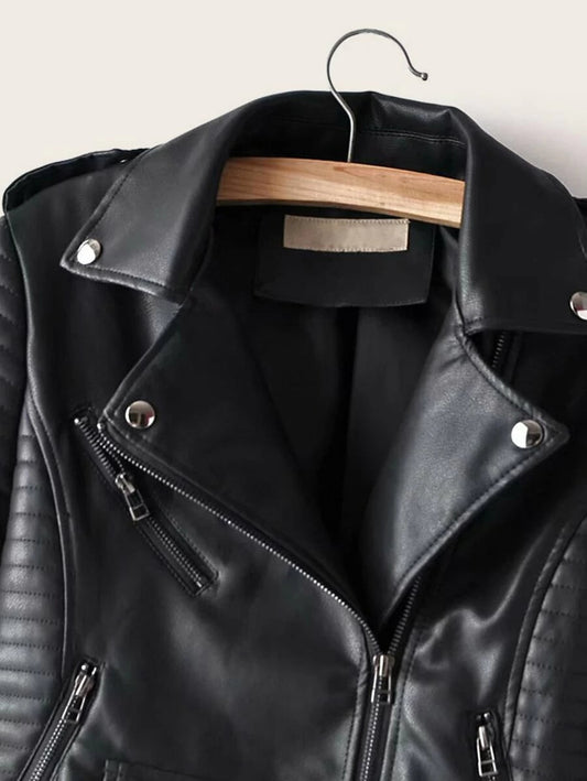 Lapel Neck Zip Up PU Biker Jacket Periwinkley Shop