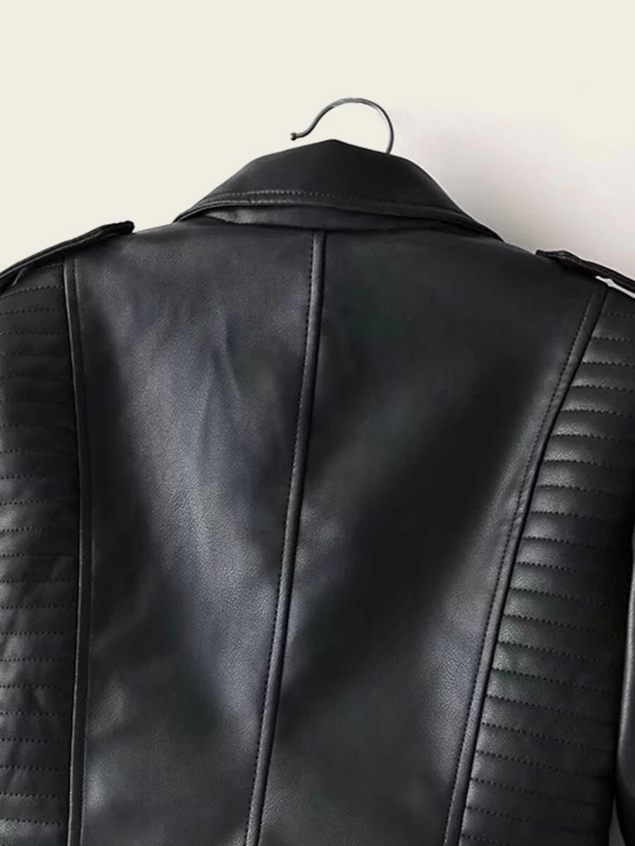Lapel Neck Zip Up PU Biker Jacket Periwinkley Shop