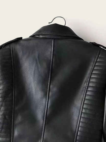 Lapel Neck Zip Up PU Biker Jacket Periwinkley Shop