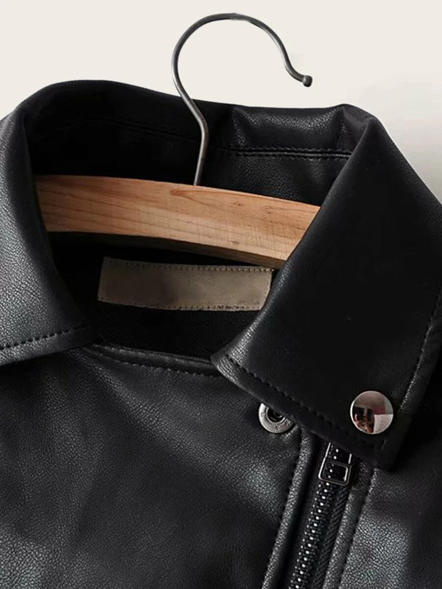 Lapel Neck Zip Up PU Biker Jacket Periwinkley Shop