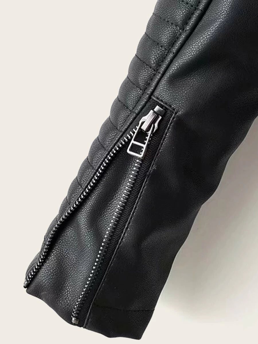 Lapel Neck Zip Up PU Biker Jacket Periwinkley Shop