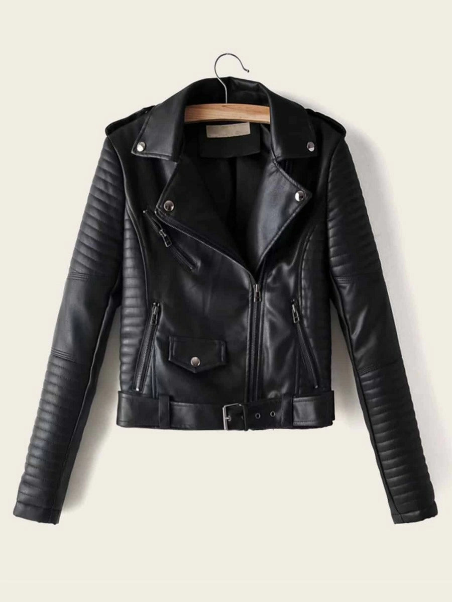 Lapel Neck Zip Up PU Biker Jacket Periwinkley Shop