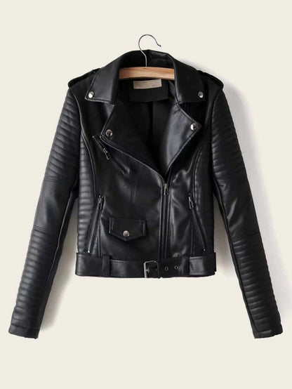 Lapel Neck Zip Up PU Biker Jacket Periwinkley Shop