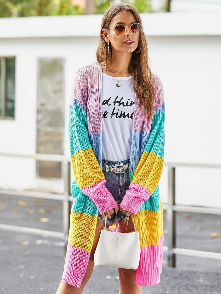 Patch Pocket Front Wide Rainbow Stripe Cardigan Periwinkley Shop
