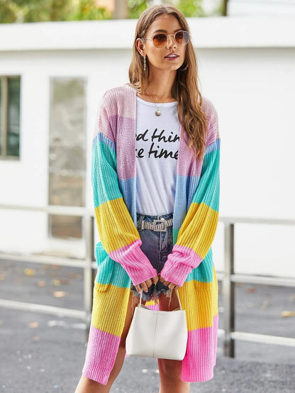 Patch Pocket Front Wide Rainbow Stripe Cardigan Periwinkley Shop