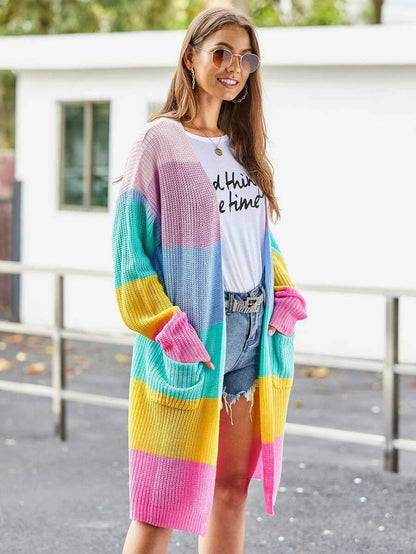 Patch Pocket Front Wide Rainbow Stripe Cardigan Periwinkley Shop
