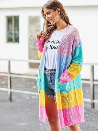 Patch Pocket Front Wide Rainbow Stripe Cardigan Periwinkley Shop