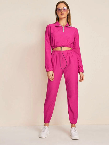O-ring Quarter Zip Drawstring Hem Crop Top With Pants Periwinkley Shop