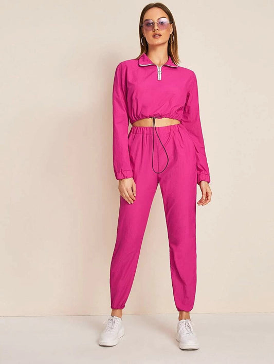 O-ring Quarter Zip Drawstring Hem Crop Top With Pants Periwinkley Shop