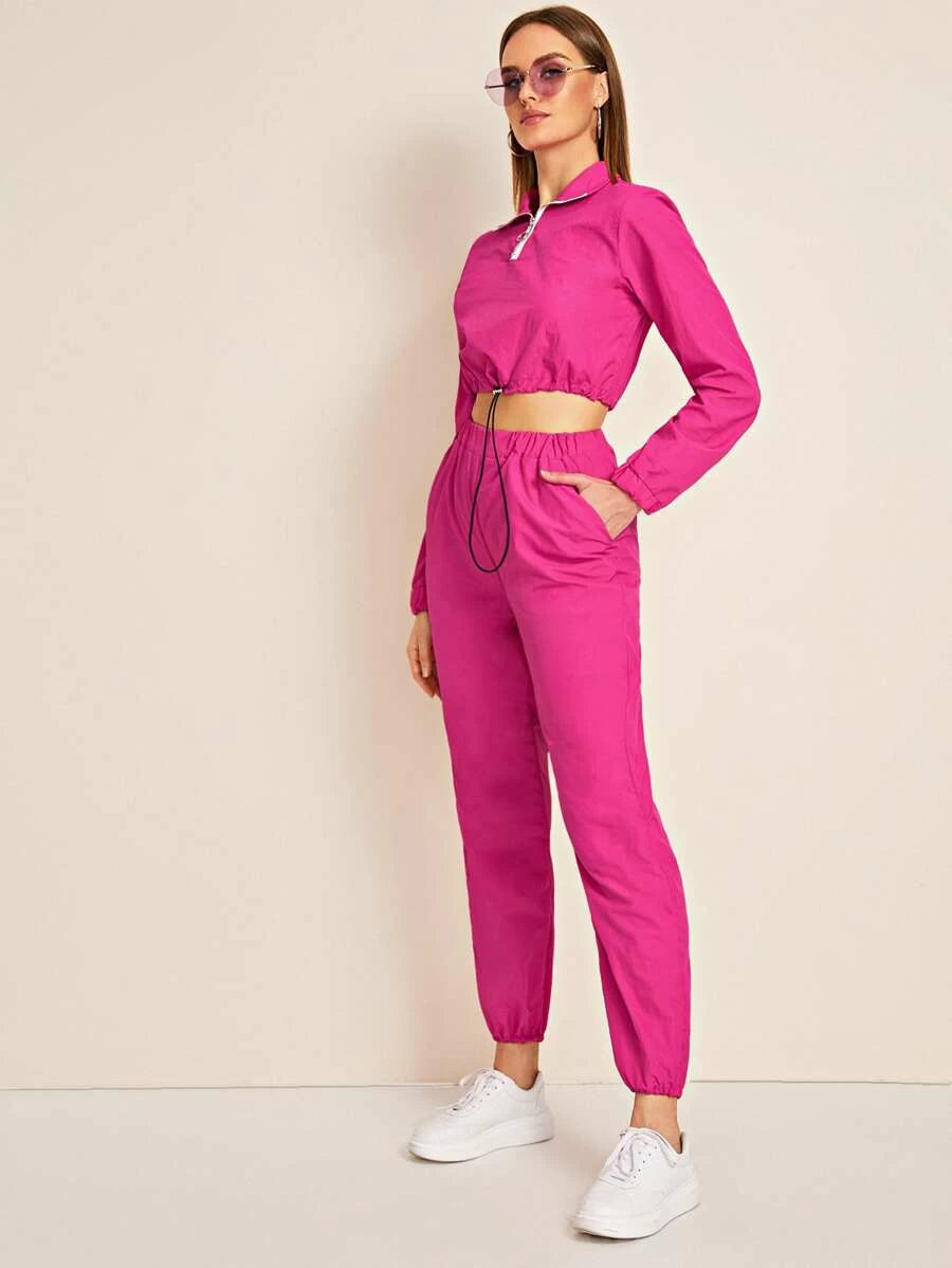 O-ring Quarter Zip Drawstring Hem Crop Top With Pants Periwinkley Shop