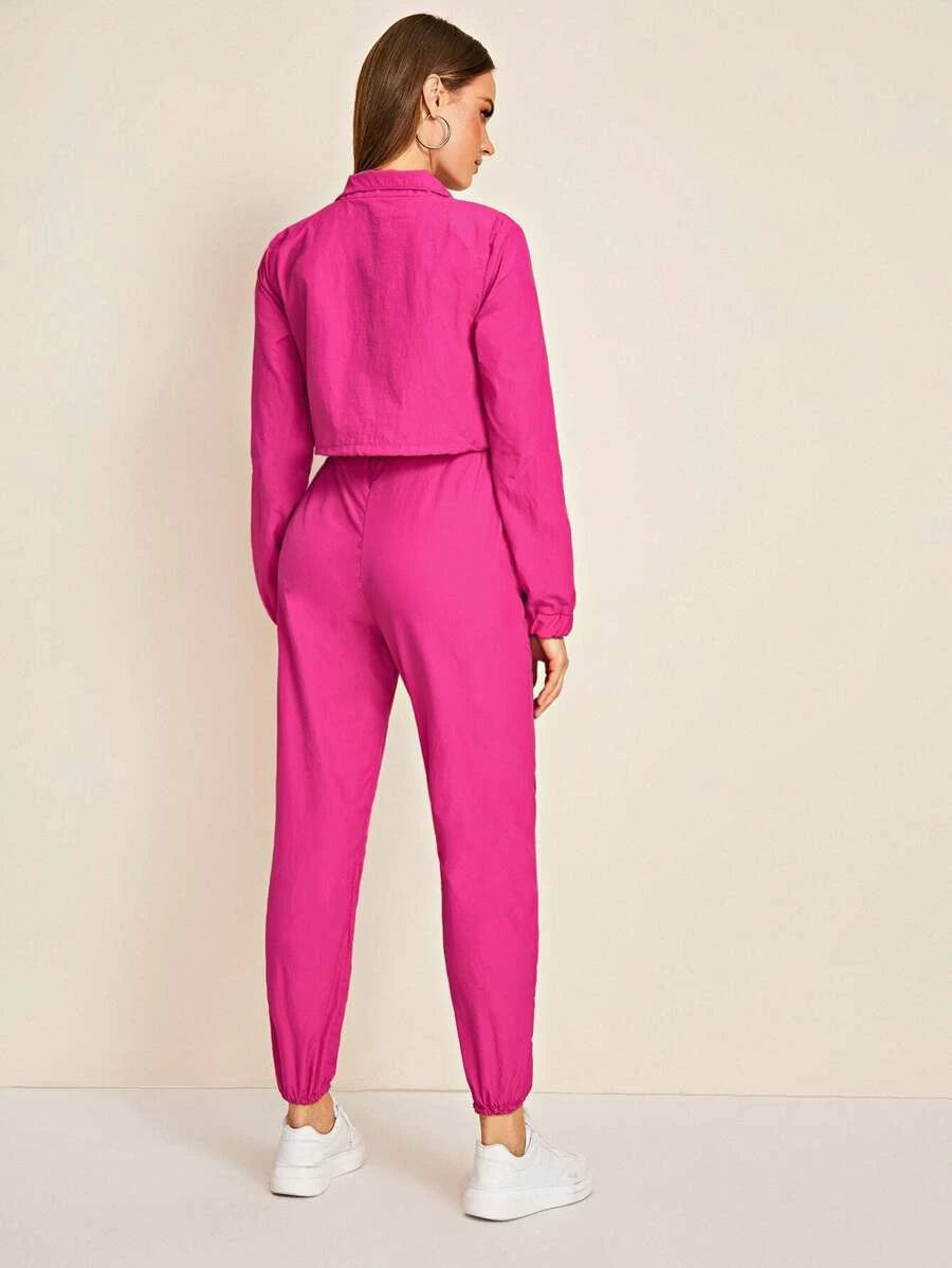 O-ring Quarter Zip Drawstring Hem Crop Top With Pants Periwinkley Shop