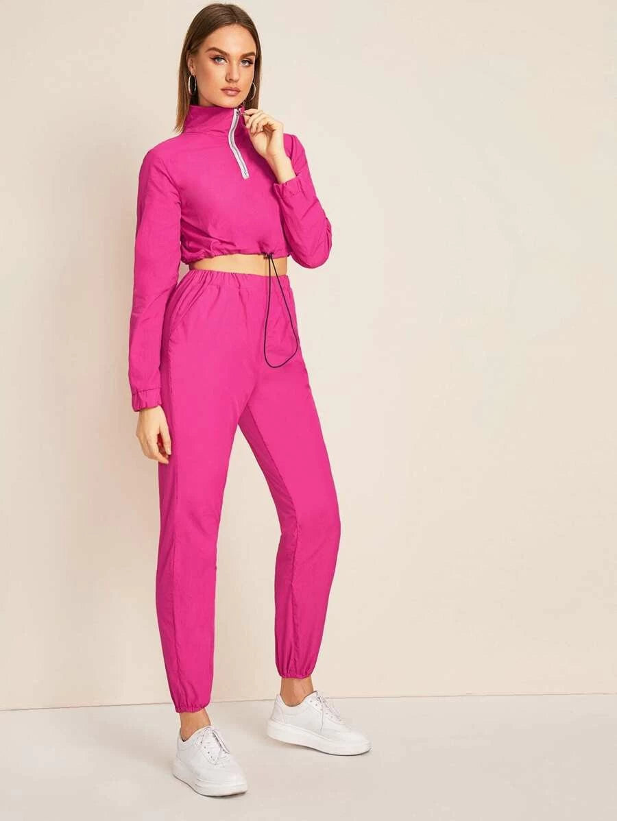 O-ring Quarter Zip Drawstring Hem Crop Top With Pants Periwinkley Shop