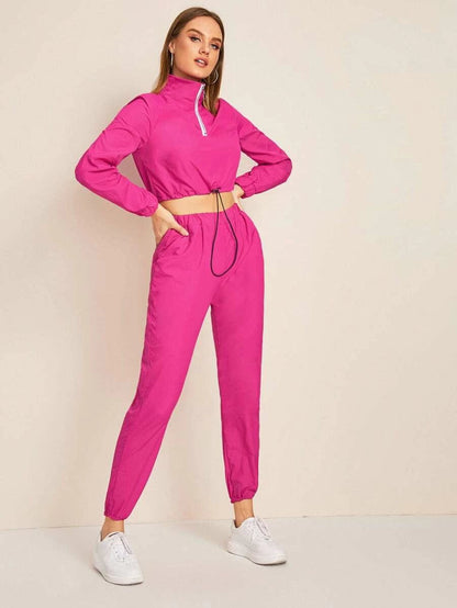 O-ring Quarter Zip Drawstring Hem Crop Top With Pants Periwinkley Shop
