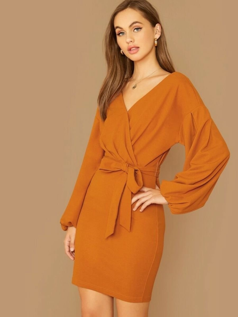 Surplice Neck Lantern Sleeve Dress Periwinkley Shop