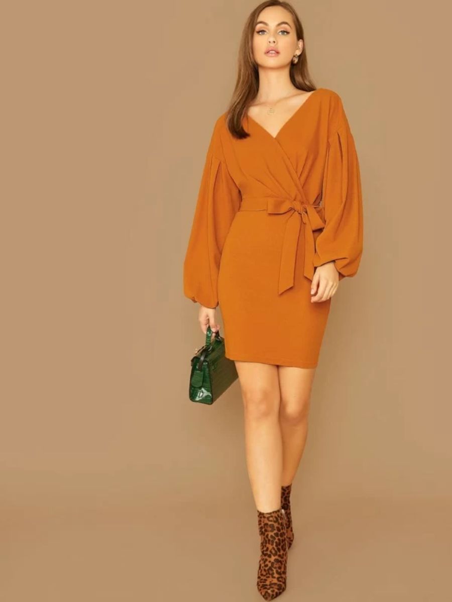 Surplice Neck Lantern Sleeve Dress Periwinkley Shop