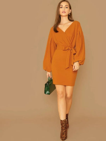 Surplice Neck Lantern Sleeve Dress Periwinkley Shop