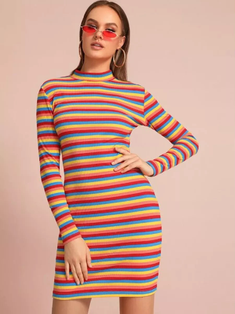 Rainbow striped rib knit bodycon dress Periwinkley Shop