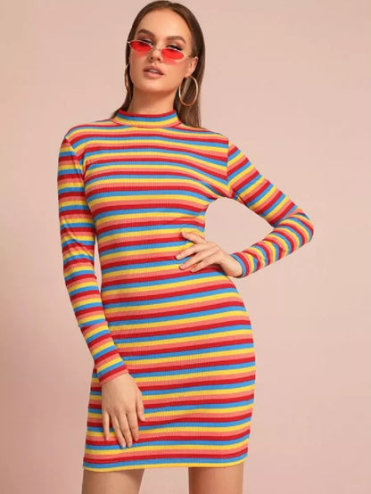 Rainbow striped rib knit bodycon dress Periwinkley Shop