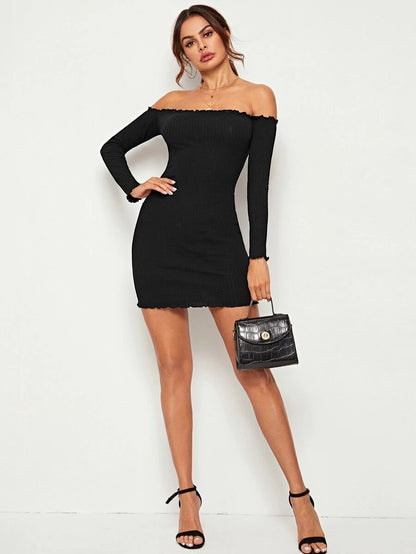 Ribbed Lettuce-Edge Bodycon Mini Dress Periwinkley Shop