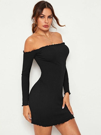 Ribbed Lettuce-Edge Bodycon Mini Dress Periwinkley Shop