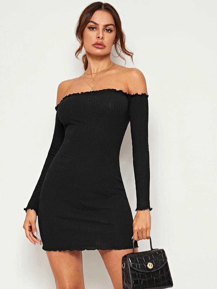 Ribbed Lettuce-Edge Bodycon Mini Dress Periwinkley Shop