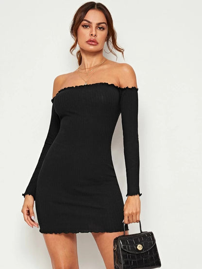 Ribbed Lettuce-Edge Bodycon Mini Dress Periwinkley Shop