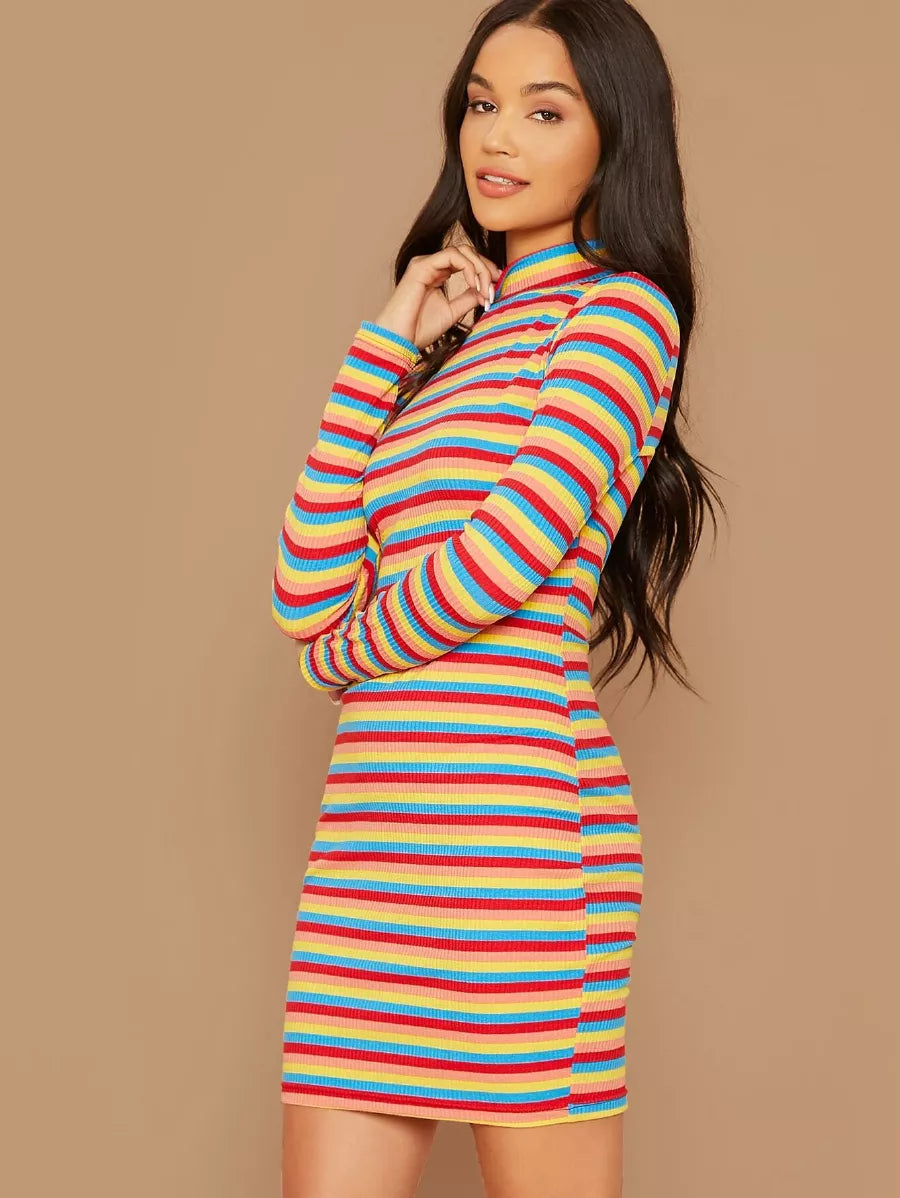 Rainbow striped rib knit bodycon dress Periwinkley Shop