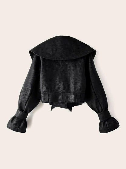 PU Waterfall Flounce Sleeve Belted Biker Jacket Periwinkley Shop
