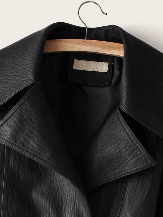 PU Waterfall Flounce Sleeve Belted Biker Jacket Periwinkley Shop
