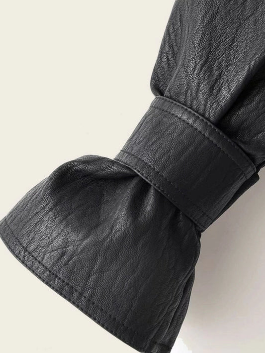 PU Waterfall Flounce Sleeve Belted Biker Jacket Periwinkley Shop