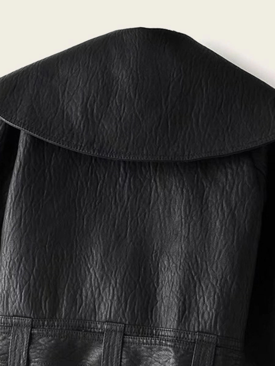 PU Waterfall Flounce Sleeve Belted Biker Jacket Periwinkley Shop