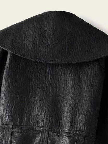 PU Waterfall Flounce Sleeve Belted Biker Jacket Periwinkley Shop