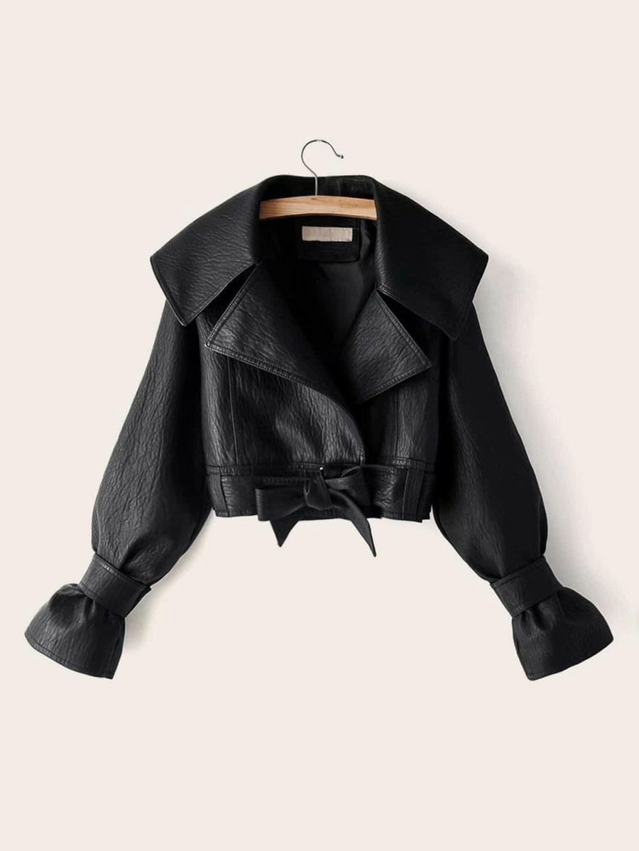 PU Waterfall Flounce Sleeve Belted Biker Jacket Periwinkley Shop