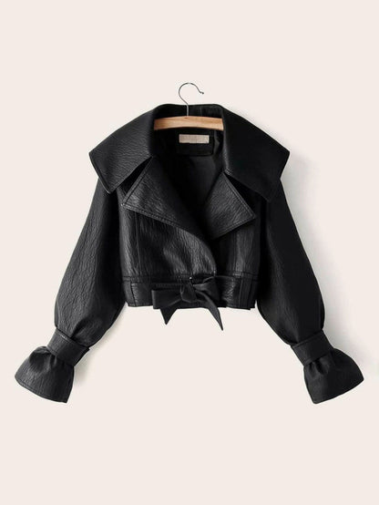 PU Waterfall Flounce Sleeve Belted Biker Jacket Periwinkley Shop