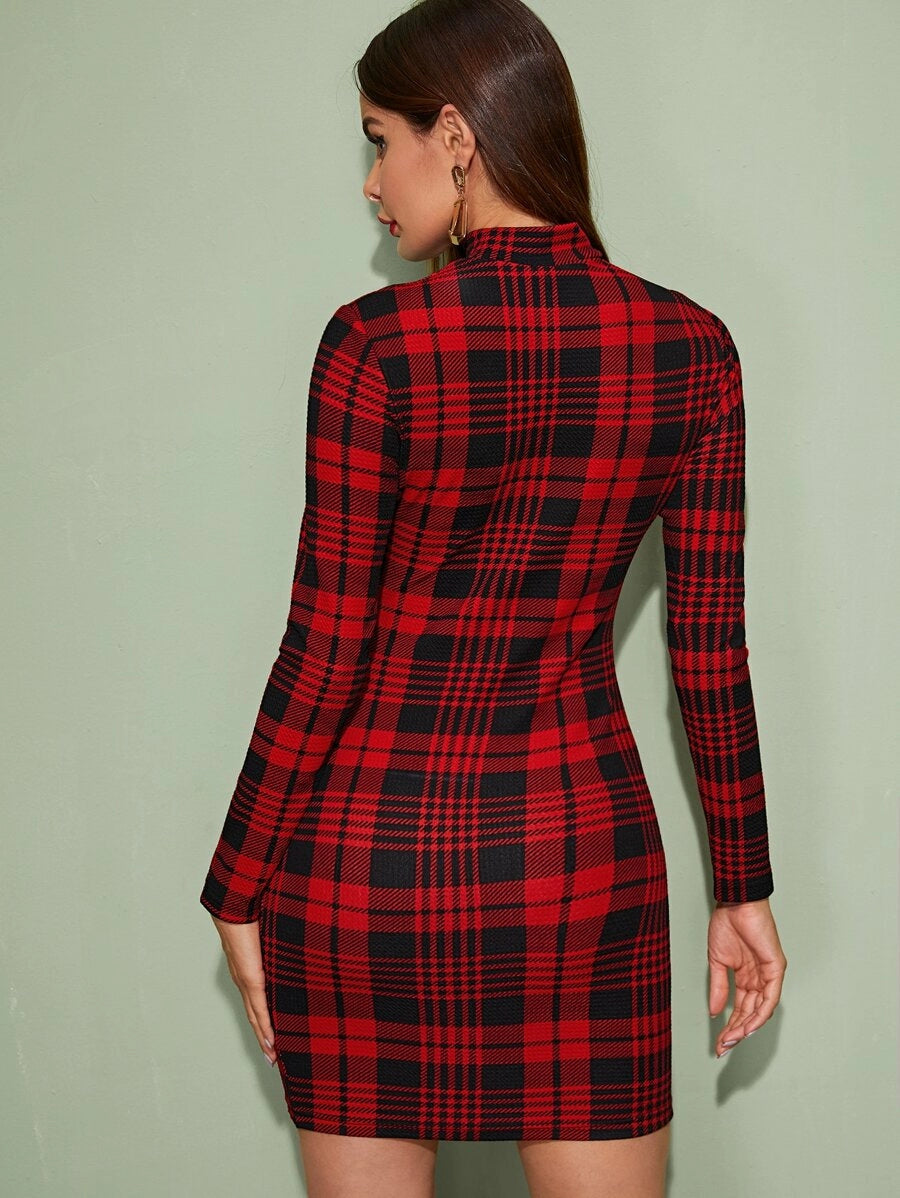 Mock-Neck Tartan Bodycon Dress Periwinkley Shop