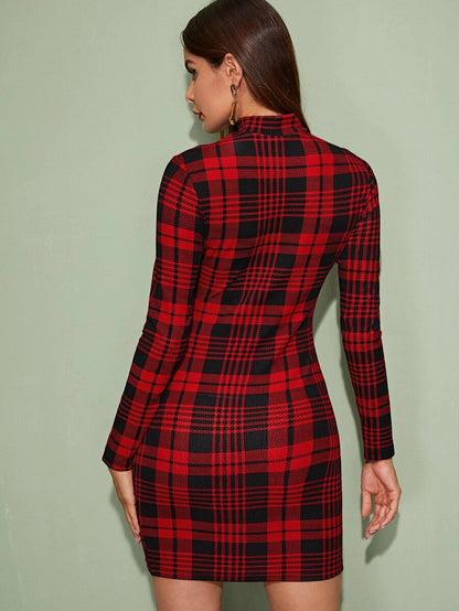 Mock-Neck Tartan Bodycon Dress Periwinkley Shop