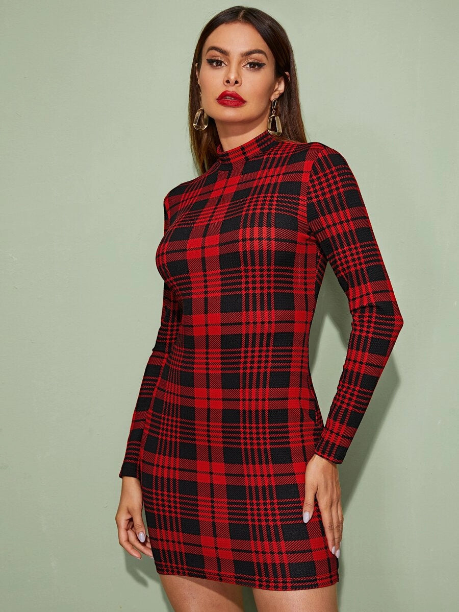 Mock-Neck Tartan Bodycon Dress Periwinkley Shop