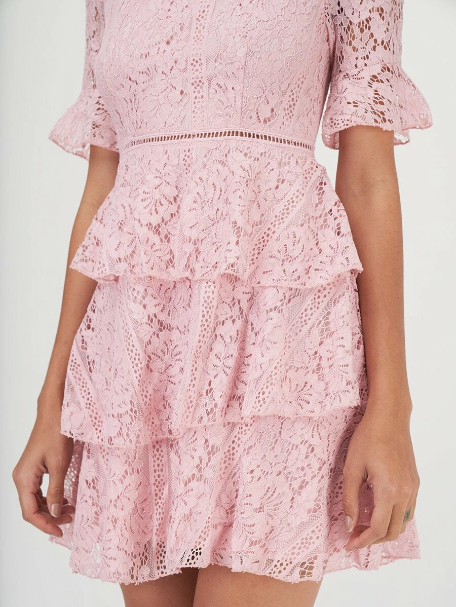 Mock Neck Bell Sleeve Layered Ruffle Trim Lace Dress Periwinkley Shop