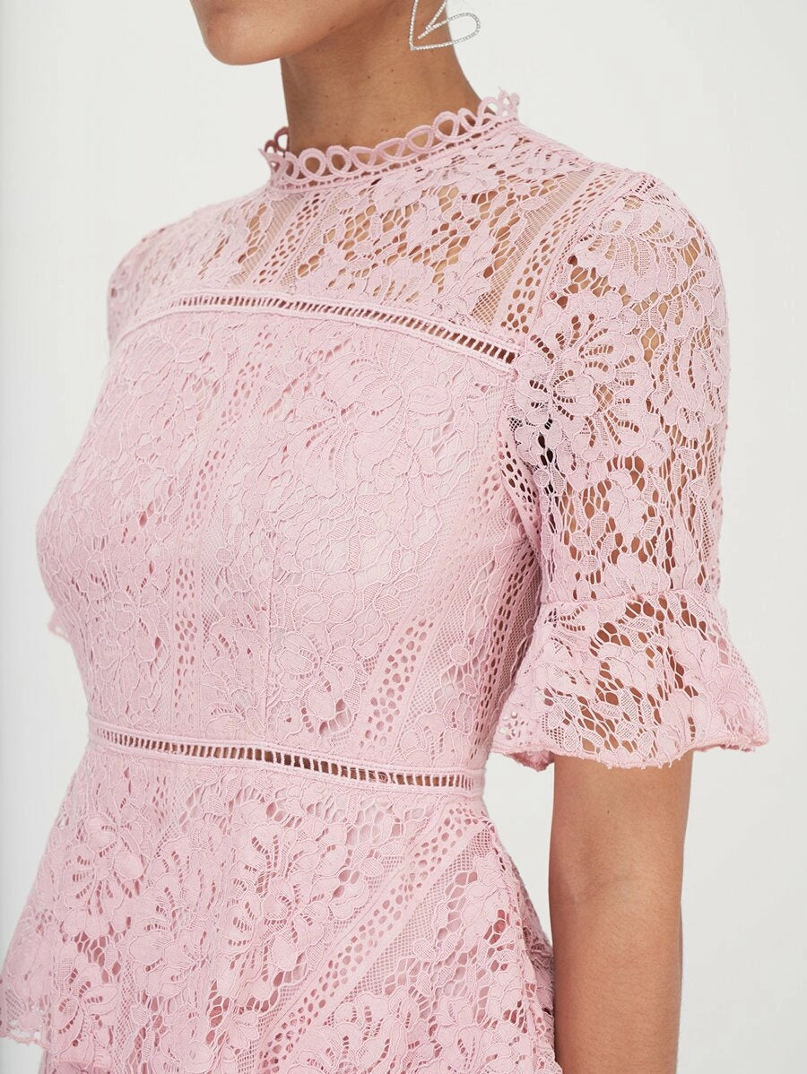 Mock Neck Bell Sleeve Layered Ruffle Trim Lace Dress Periwinkley Shop