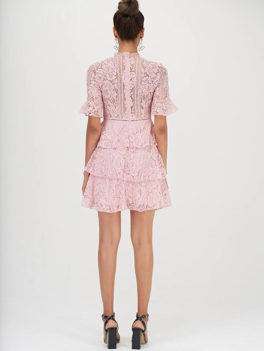 Mock Neck Bell Sleeve Layered Ruffle Trim Lace Dress Periwinkley Shop