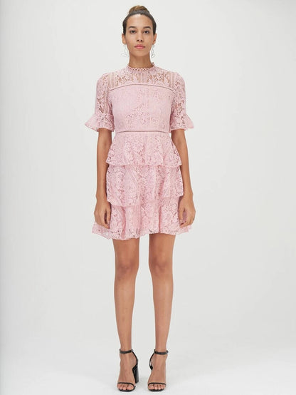 Mock Neck Bell Sleeve Layered Ruffle Trim Lace Dress Periwinkley Shop