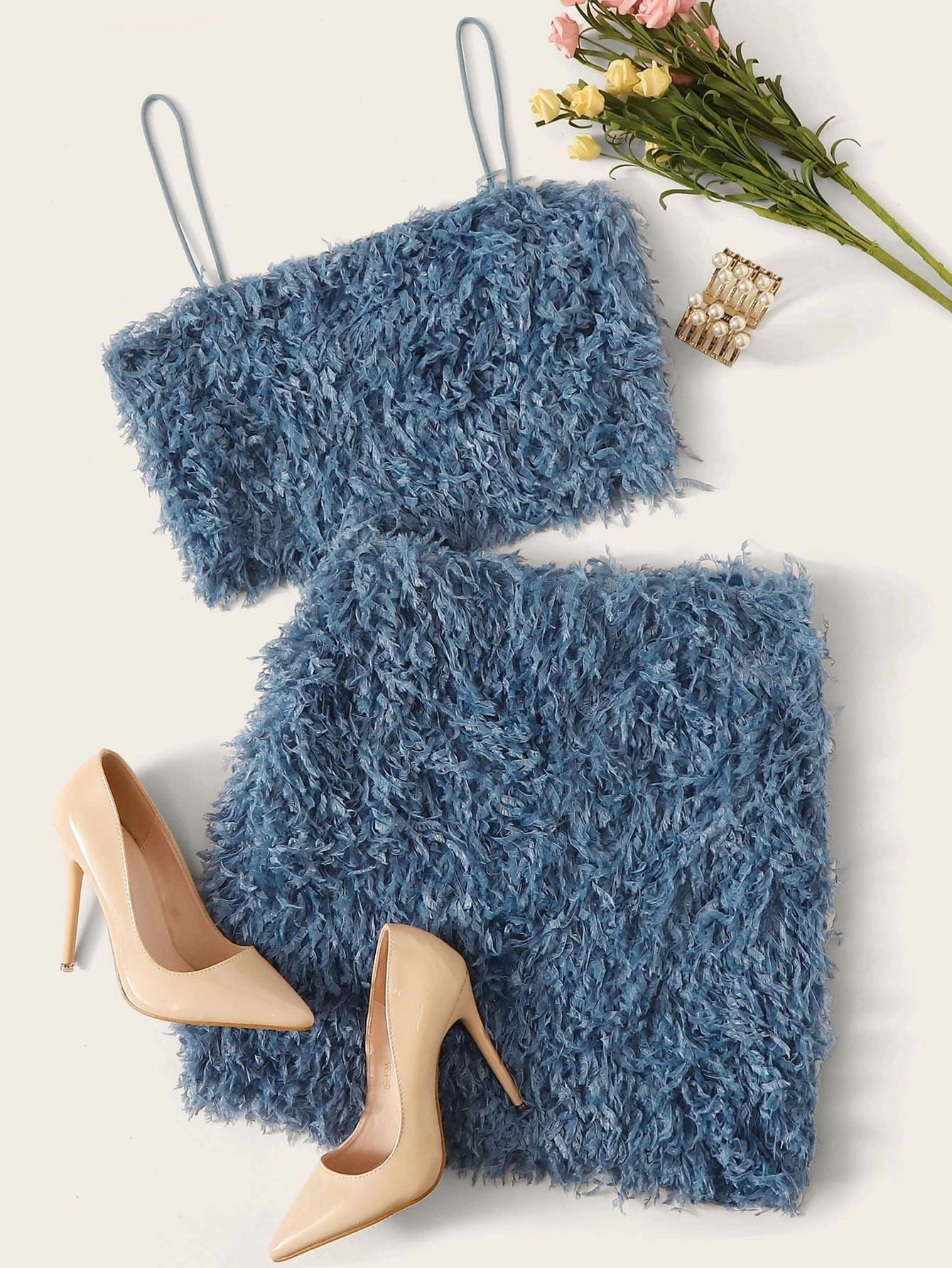 Fuzzy Cami Top and Bodycon Skirt Set Periwinkley Shop