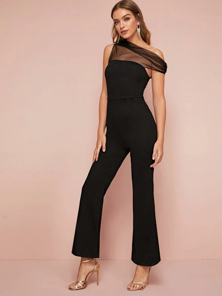 Asymmetrical Neck Mesh Yoke Flare Leg Jumpsuit Periwinkley Shop