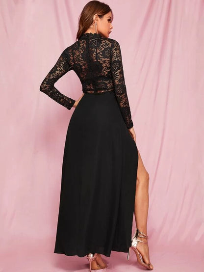 Zip Back Split Thigh Sheer Lace One Piece Dress Without Bra