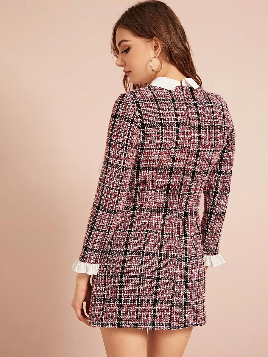Plaid Tie Detail Ruffle Cuff Tweed Dress Periwinkley Shop